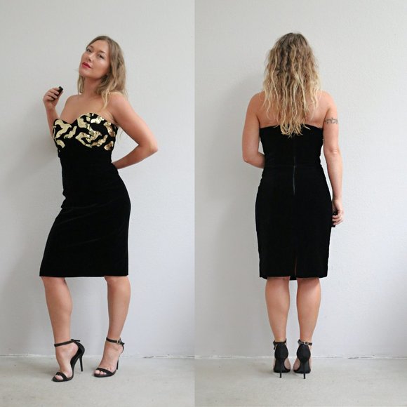 1980's Velvet Bustier Cocktail Dress /// Women's Size Larger Small to Medium - Picture 3 of 7